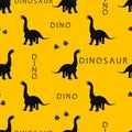 Pattern with black dinosaurs, text and footprints.